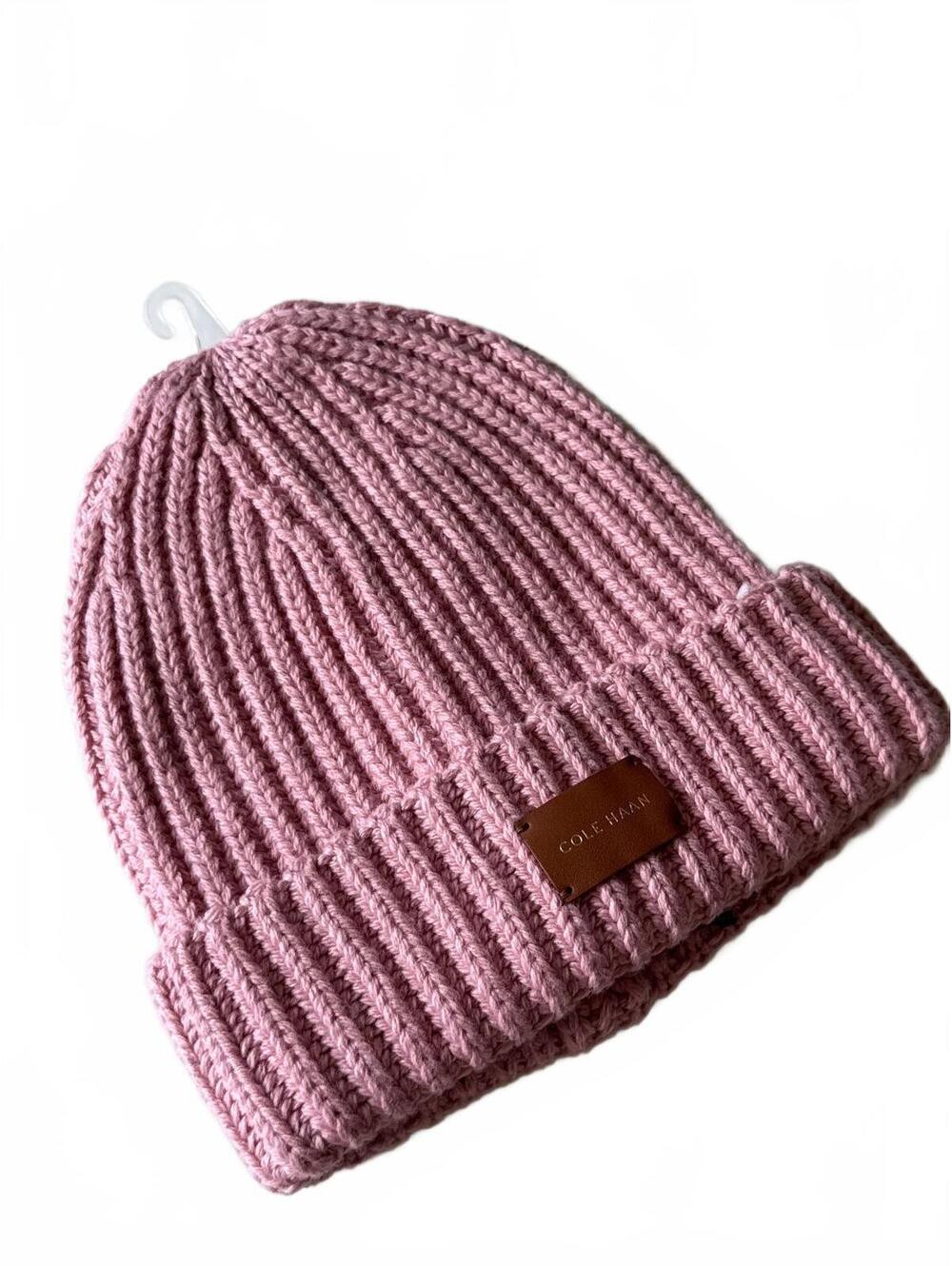 Cole Haan Logo Lipsy Pink Chunky Knit Cuffed Beanie Winter Hat OS